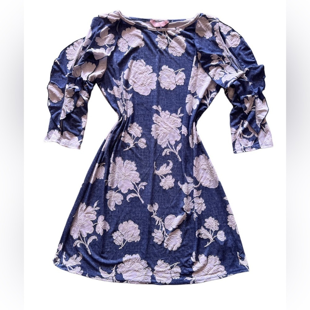 SJS blue tunic dress with white floral design and embroidery XL